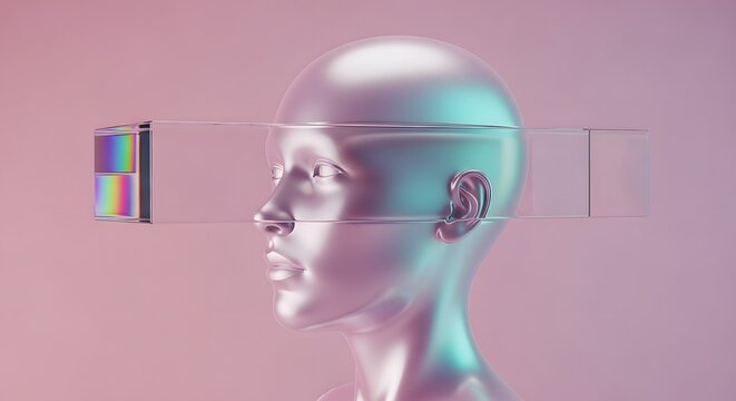 Human mind and digital consciousness fusion. Data processing and virtual reality concepts. Abstract human head with a glass cube intersecting for futuristic