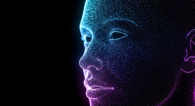 Human face made of digital data particles. Artificial intelligence and advanced technology. Detailed profile view of a head formed by glowing blue points