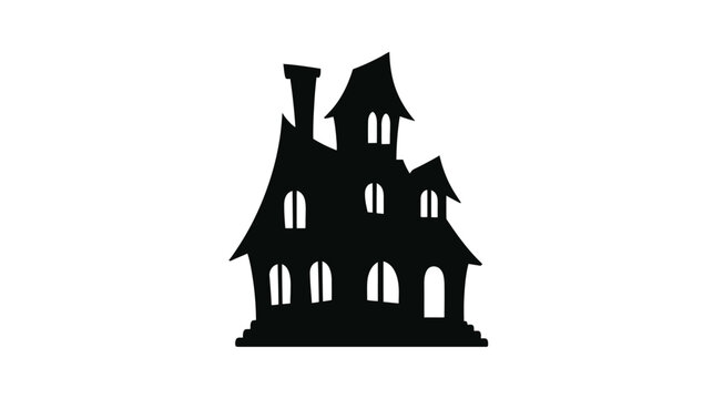 Haunted house silhouette features a spooky architectural design with jagged rooflines and glowing windows perfect for seasonal horror themes or festive Halloween event promotional graphics.
