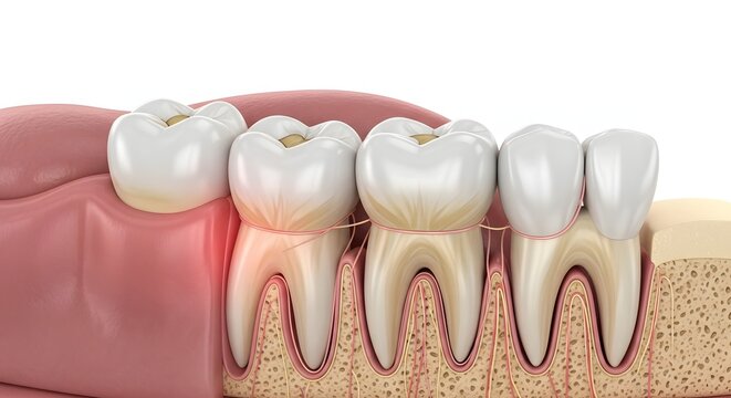 Close up dental anatomy and gum disease. Concepts of oral hygiene, dentistry, and dental health. Cross section of teeth and gums showing tooth decay and inflammation in a medical context
