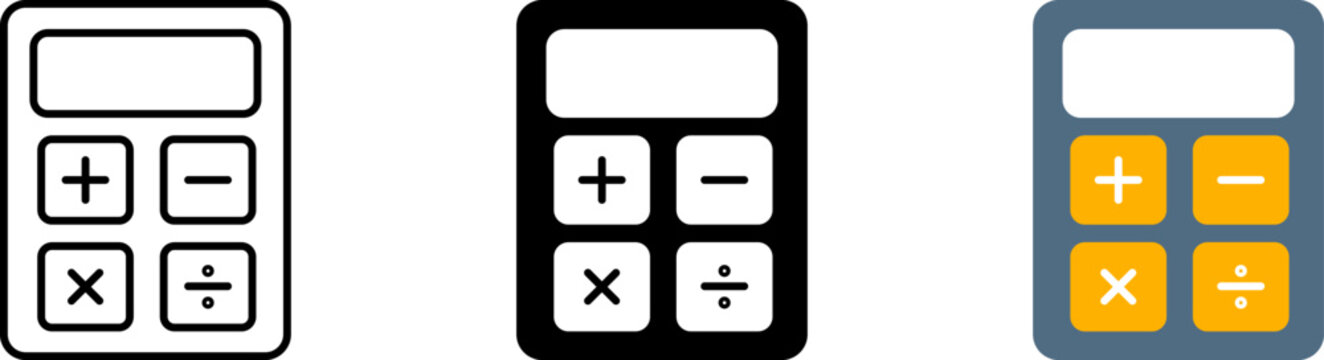 Calculator icon set showing professional math counting device with addition subtraction multiplication division operators for business accounting financial tax and e-commerce software