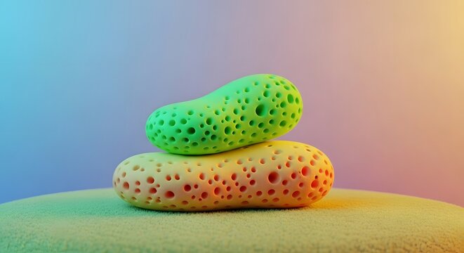 Abstract forms with organic porous texture. Concepts of nature and science. Two smooth oval objects with sponge-like holes displayed on a soft gradient background