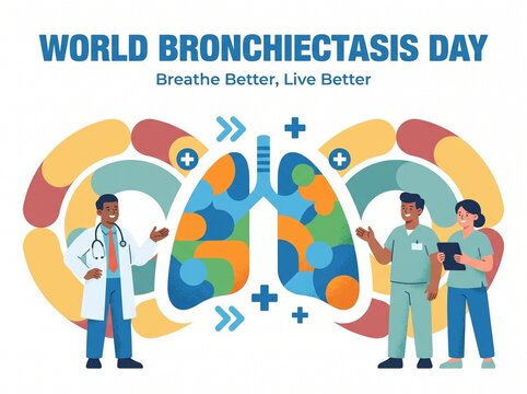 Medical professionals and symbolic lungs graphic for pulmonary health awareness, advocating for improved respiratory well-being and a better quality of life through informed care