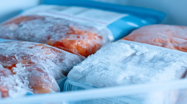 Frozen fish packages stored in a freezer with frost and ice buildup around the bags on a shelf