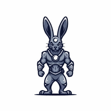 Muscular cartoon robot rabbit character illustration.