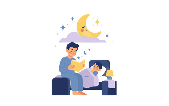 A father reading a bedtime story to his sleeping child under a smiling moon.