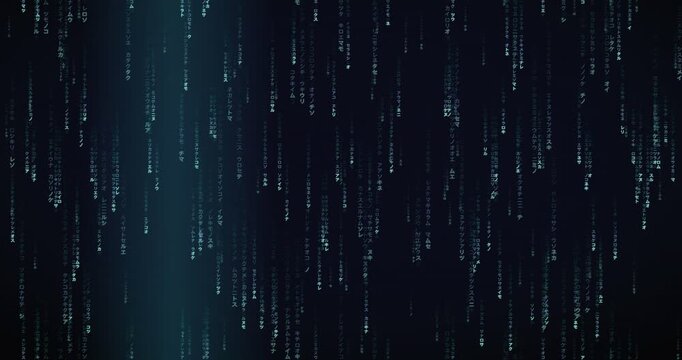Japanese katakana characters fall in a violet-hued matrix rain animation with layered parallax and controlled glow.