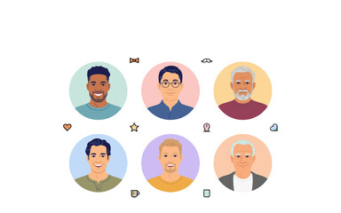 Fototapeta premium A collection of six diverse male avatars in a flat design style, showcasing a range of ages and ethnicities, surrounded by small graphic icons.