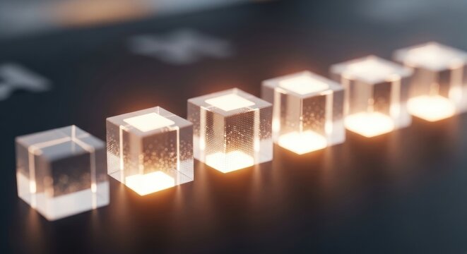 Illuminated Transparent Cubes in a Row on a Dark Surface, Abstract Concept.