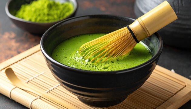 Bright green drink being whisked in a bowl, bamboo tools