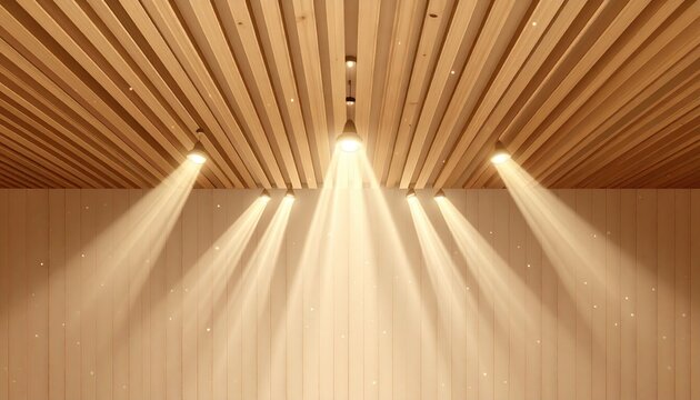 Upward angle on ceiling with linear wood panels, spotlighting