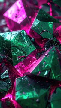 Geometric, fragmented jewels, glowing pink and green, macro close-up