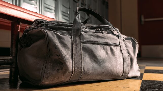 Old gray duffel bag placed on the floor near lockers in a school hallway during daytime