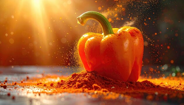 Orange bell pepper atop spice, bathed in sunlight. Dust particles