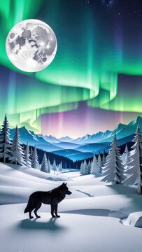 A solitary wolf gazes at the aurora borealis and moonlit winter landscape