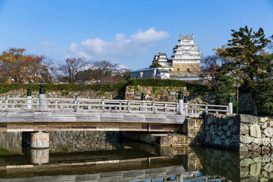 Historic himeji castle and wooden bridge in Japan