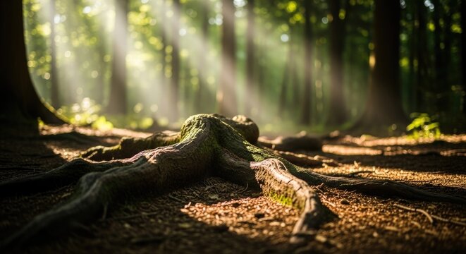 Sunlight Streaming Through Forest Canopy, Illuminating the Forest Floor and Roots.
