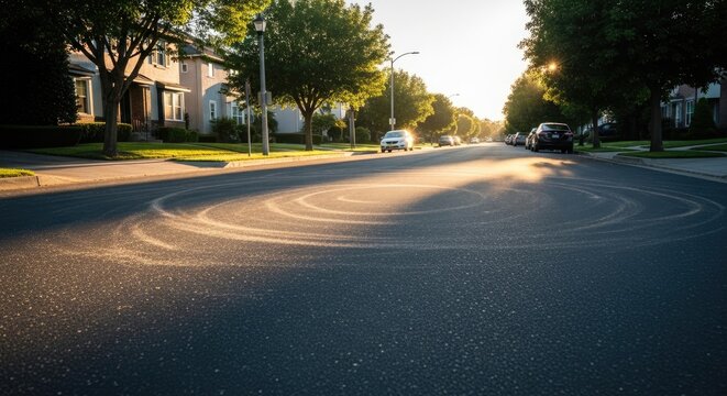 Sunlit Street with Circular Tire Marks.