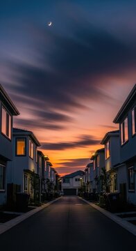 Sunset over suburban neighborhood street with houses.