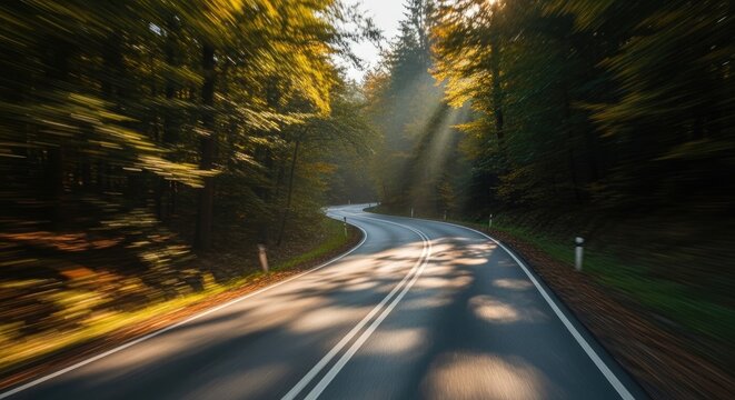 Winding Road Through Lush Forest with Sunlight Streaming Through Trees.