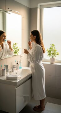 Woman Brushing Teeth in Bathroom Mirror.