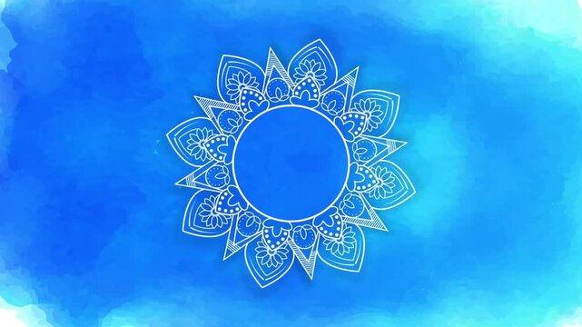 White Mandala Lace Ornament Rotating on Blue Watercolor Background Loop