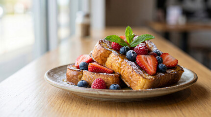 Delicious french toast with berries and maple syrup served on ceramic plate in warm sunlight at cozy breakfast cafe. © Rasel