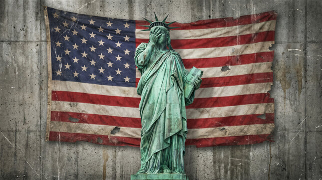 Dismal Statue of Liberty disappointed with a grungy torn USA flag in the background