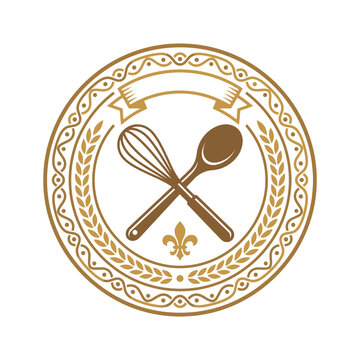 Circular vintage baking logo with whisk and wooden spoon.