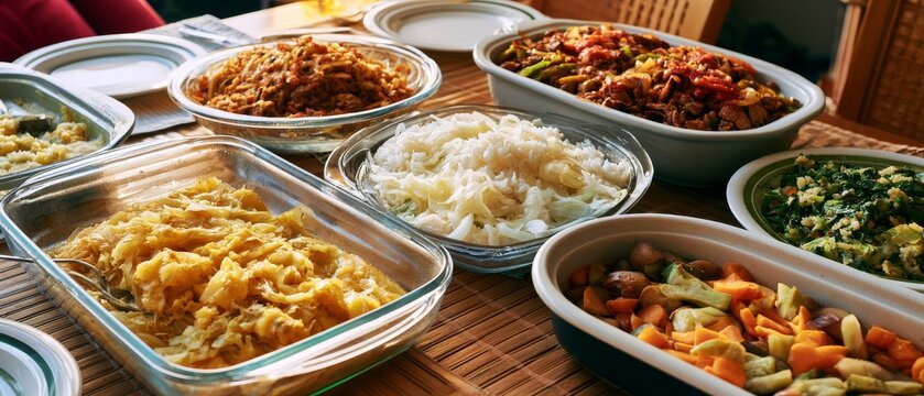 Friends gather to share a meal together at home with various dishes served on the table