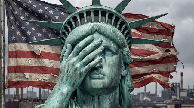 Statue of Liberty disappointed with a grungy torn USA flag in the background