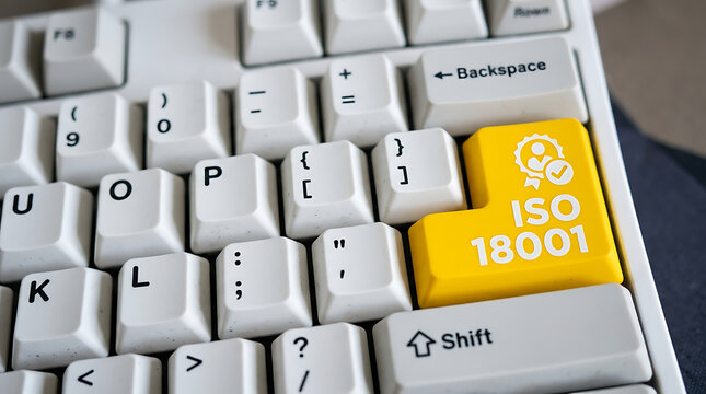 ISO 18001 Keyboard Button &ndash; Occupational Health and Safety Management System, Workplace Safety and Compliance Concept