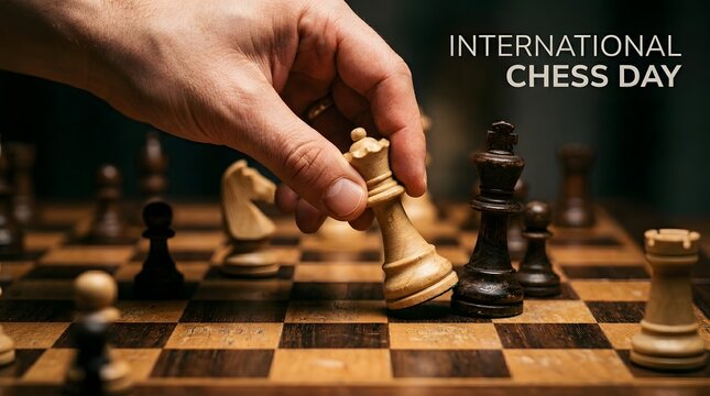 International chess day concept with hand moving white queen on board, strategy