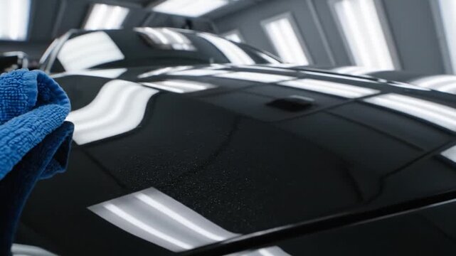 Close-up of hand polishing shiny black car with blue microfiber cloth