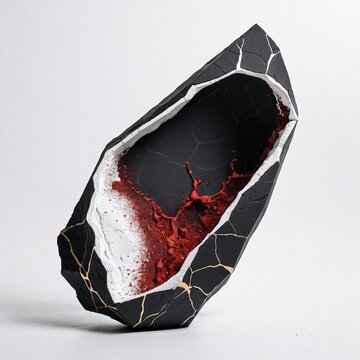 Abstract black stone sculpture with red and white interior