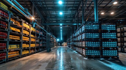 Fototapeta premium A large warehouse with shelves stacked high with bottles.
