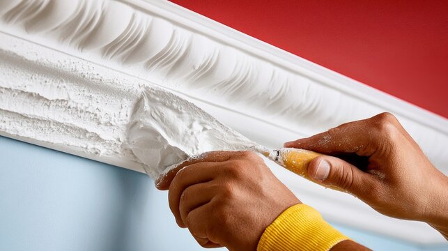 Close-up of a person applying white decorative wall molding with a brush