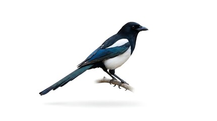 Obraz premium Black billed magpie perched on branch isolated on white background