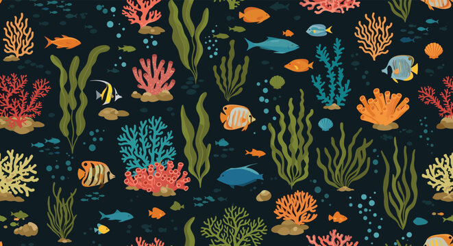 Seamless underwater pattern displays a vibrant coral reef scene with many colorful tropical fish, seaweed, and ocean plants.