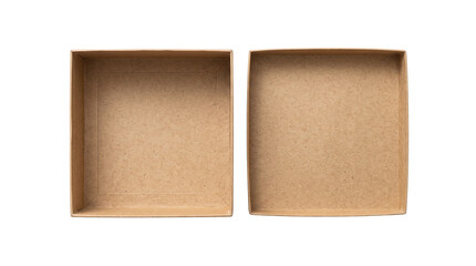 Fototapeta premium Brown cardboard box with open lid, empty square craft paper gift box, eco-friendly recycled packaging mockup for retail and shipping isolated PNG with Transparent Background