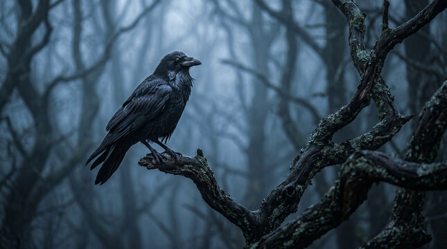 Solitary black crow perched upon dark withered tree branch in mysterious foggy forest setting with moody atmospheric mist.