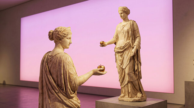 Classical greek marble statues exchange golden apples in elegant art museum gallery with soft glowing pink neon lighting.