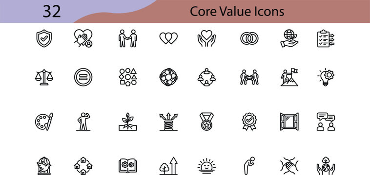 Corporate core values and ethics line icons set. Outline symbols for trust, teamwork, diversity, equity, sustainability, integrity, transparency, and inclusion. Editable stroke vector.