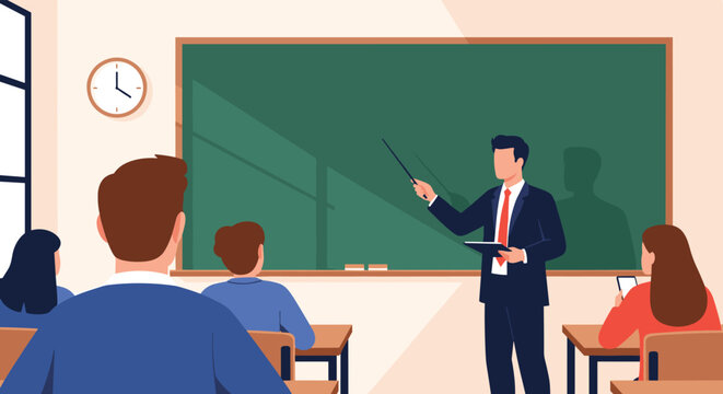 Male teacher in a suit and tie standing at a green chalkboard explaining a lesson to a classroom full of students during a school day.