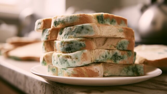 Moldy bread stacked on a plate in a kitchen setting during daylight hours