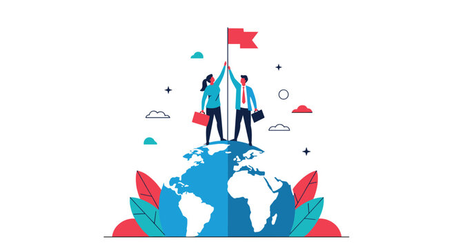 Two professionals standing on a globe and holding a red flag together to celebrate their global business success and partnership.