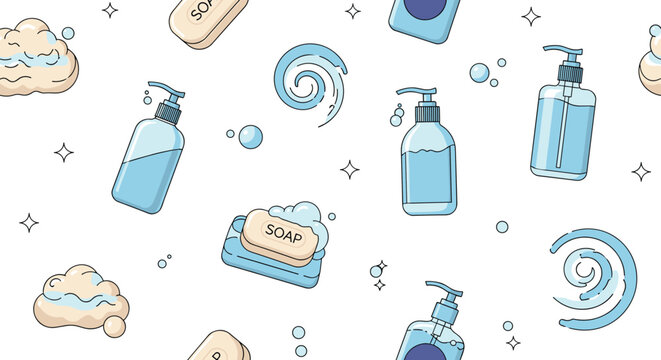 Seamless pattern background features liquid soap bottles, bar soap with bubbles, and water swirls in blue tones.