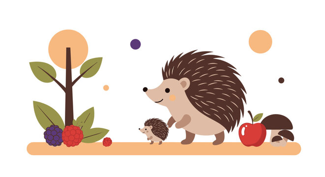 Charming illustration of a mother and baby hedgehog walking through a forest setting near berries and mushrooms.