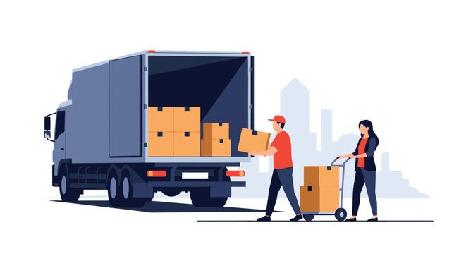 Delivery personnel load and unload cardboard boxes from a large grey truck with a city skyline in the background.