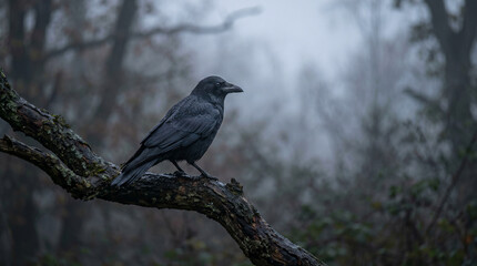 Fototapeta premium Black raven perched on gnarled tree branch in foggy, mysterious forest during cloudy autumn day, atmospheric scene.